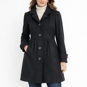 J Crew Black Wool Lady Day Coat Long Fit & Flare Pleated A-Line Topcoat Size 8 M